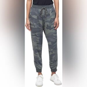 Splendid Green Camo Knit Trim Woven Jogger Pants Rayon Elastic Waist